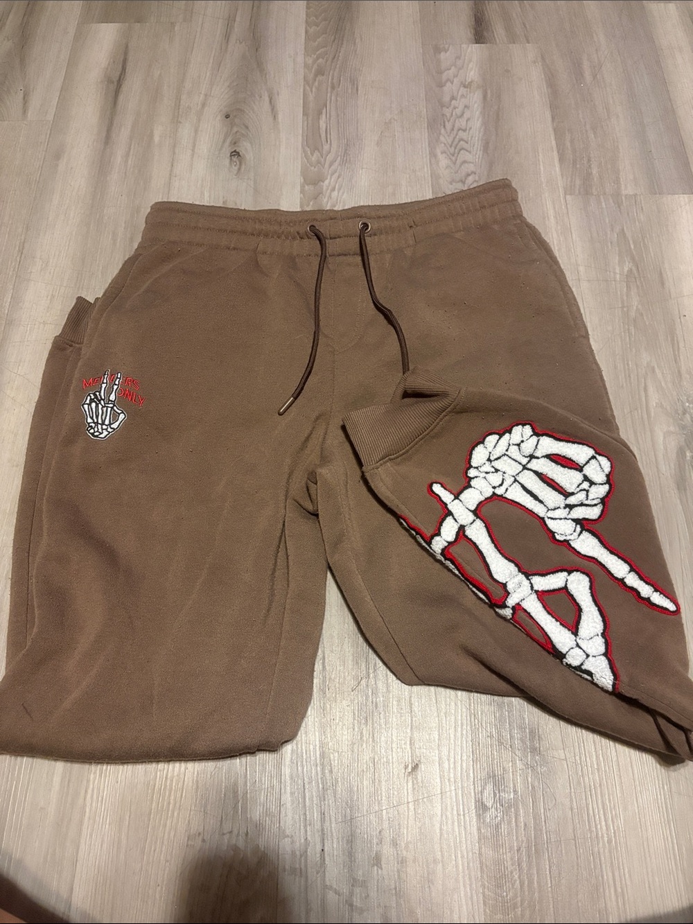 Members Only Brown Sweatpants with White & Red Skeleton Embroidery